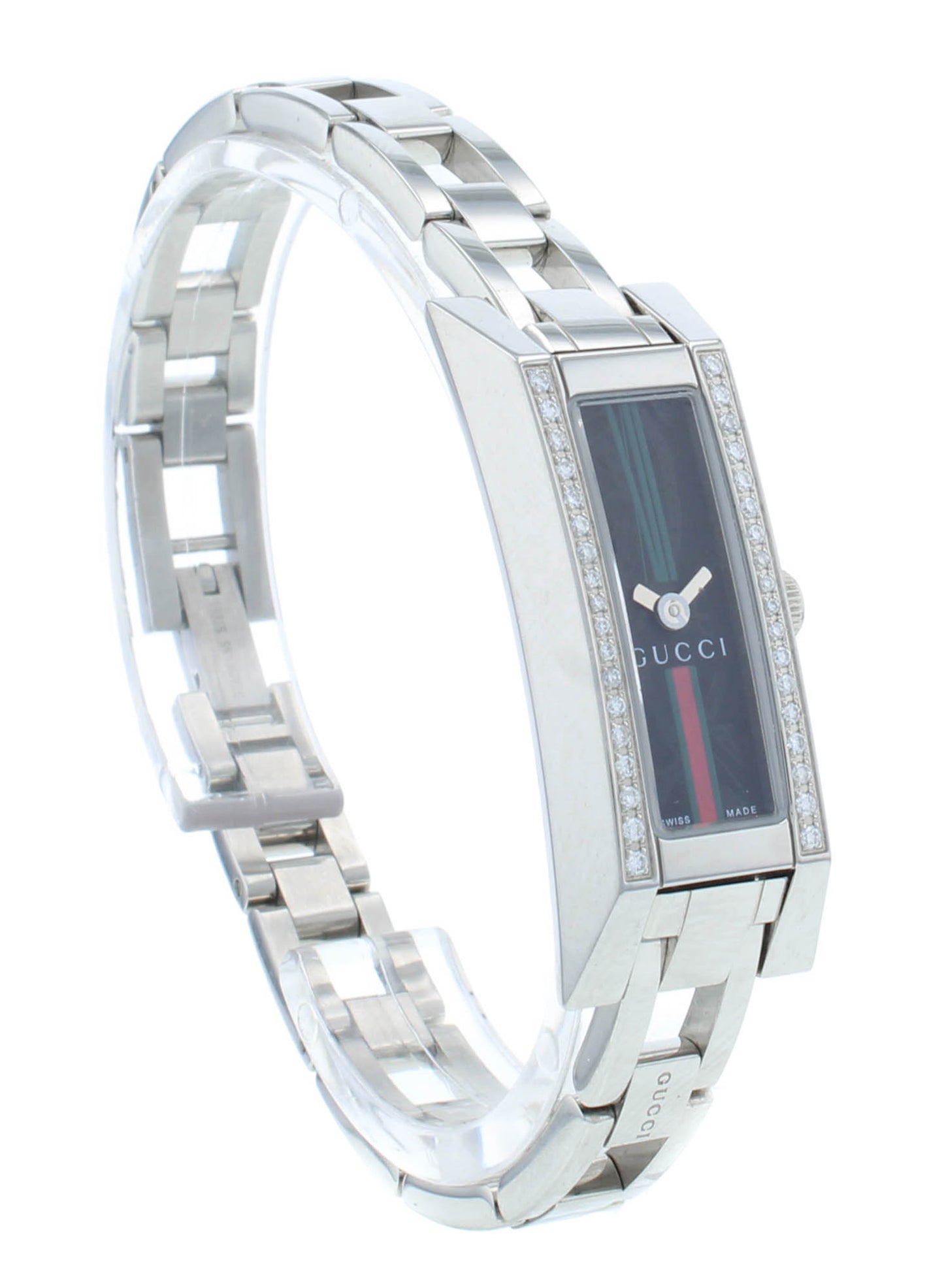 Pre-Owned Gucci 110 G-Link Diamond Black Dial Quartz Ladies Watch YA110513