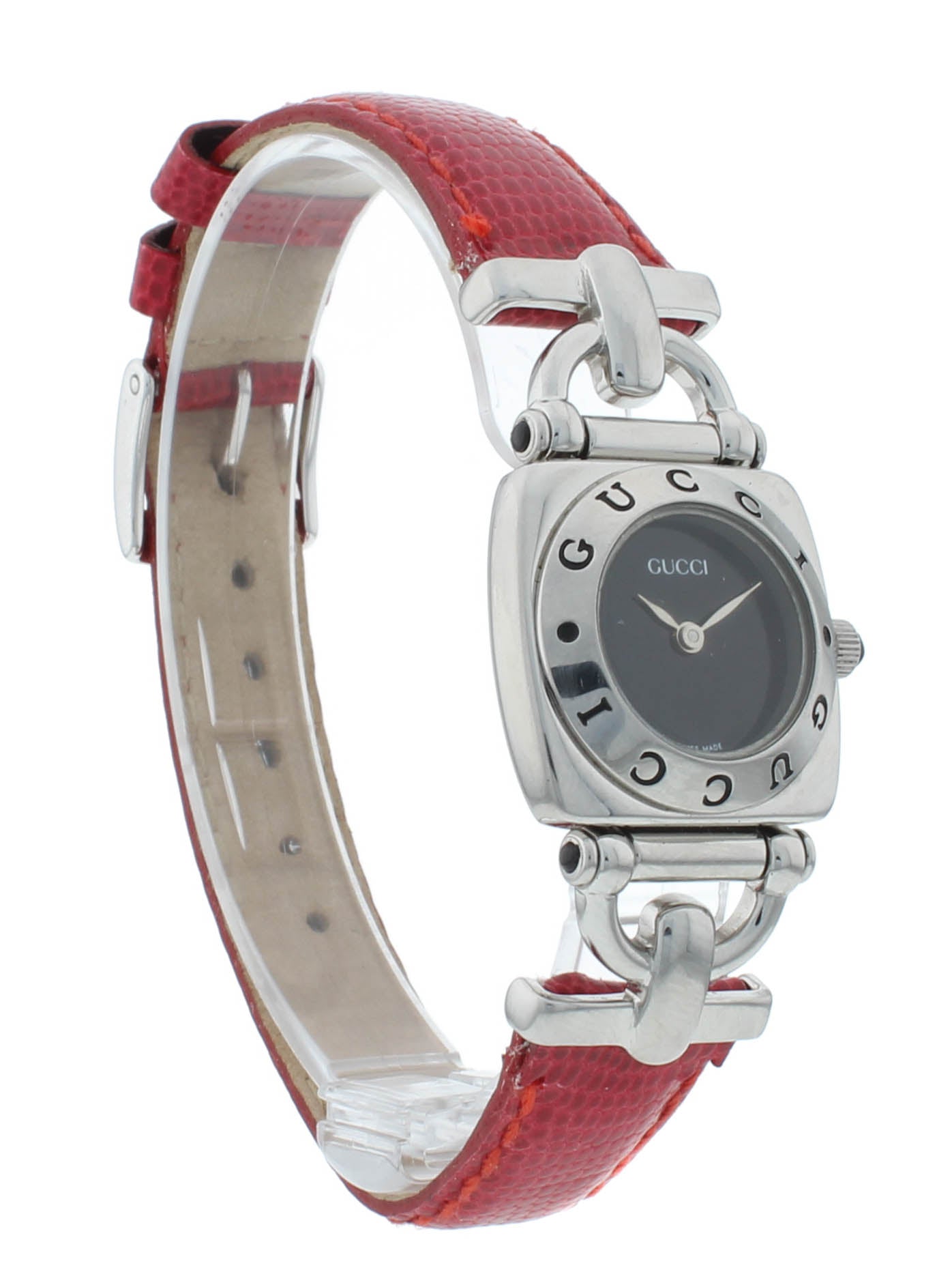Gucci 6300L 21mm Black Dial Red Lizard Strap Stainless Steel Ladies Watch