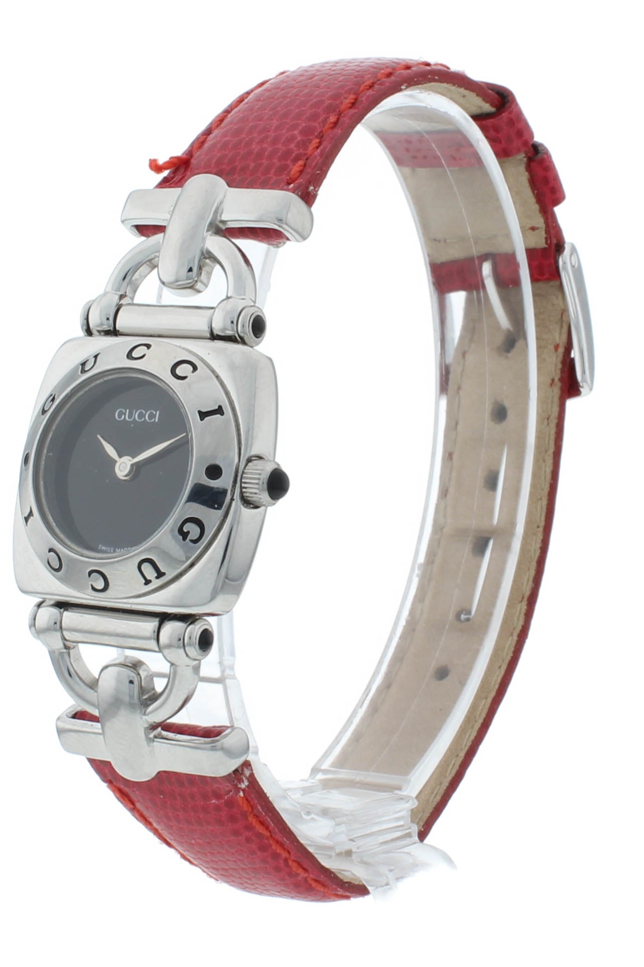 Gucci 6300L 21mm Black Dial Red Lizard Strap Stainless Steel Ladies Watch