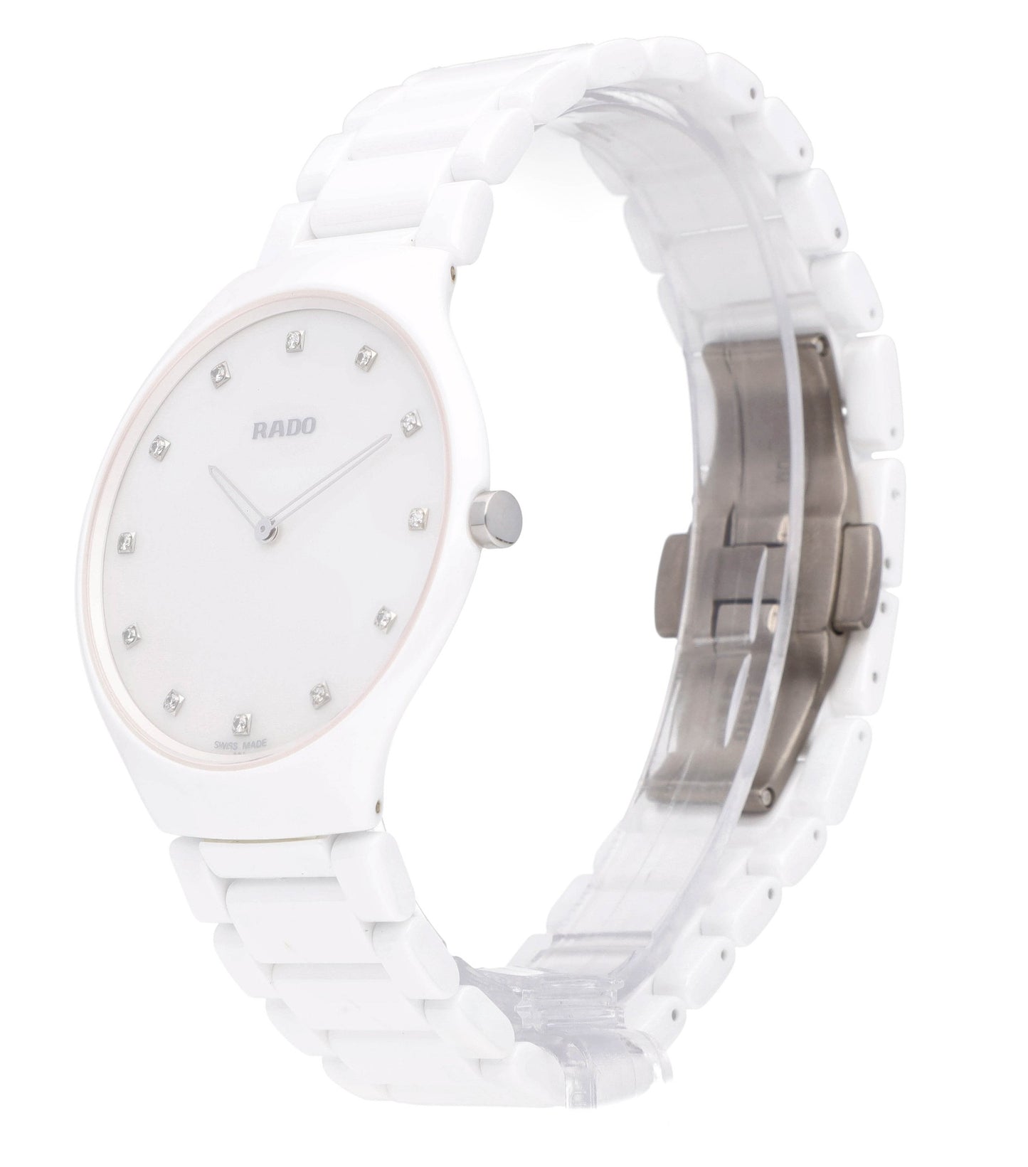 Rado True Thinline 39mm White MOP Diamond Dial Ceramic Ladies Watch R27957912