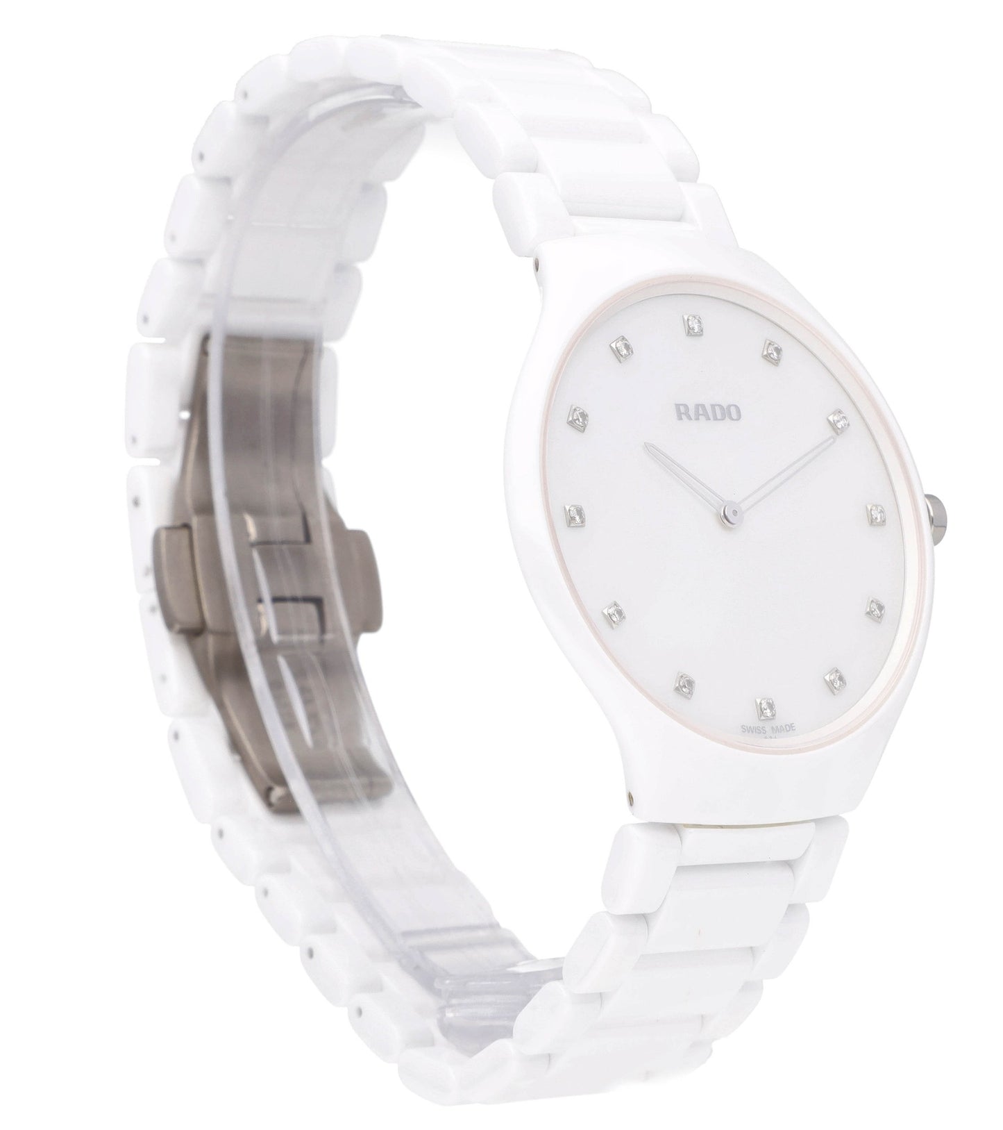 Rado True Thinline 39mm White MOP Diamond Dial Ceramic Ladies Watch R27957912