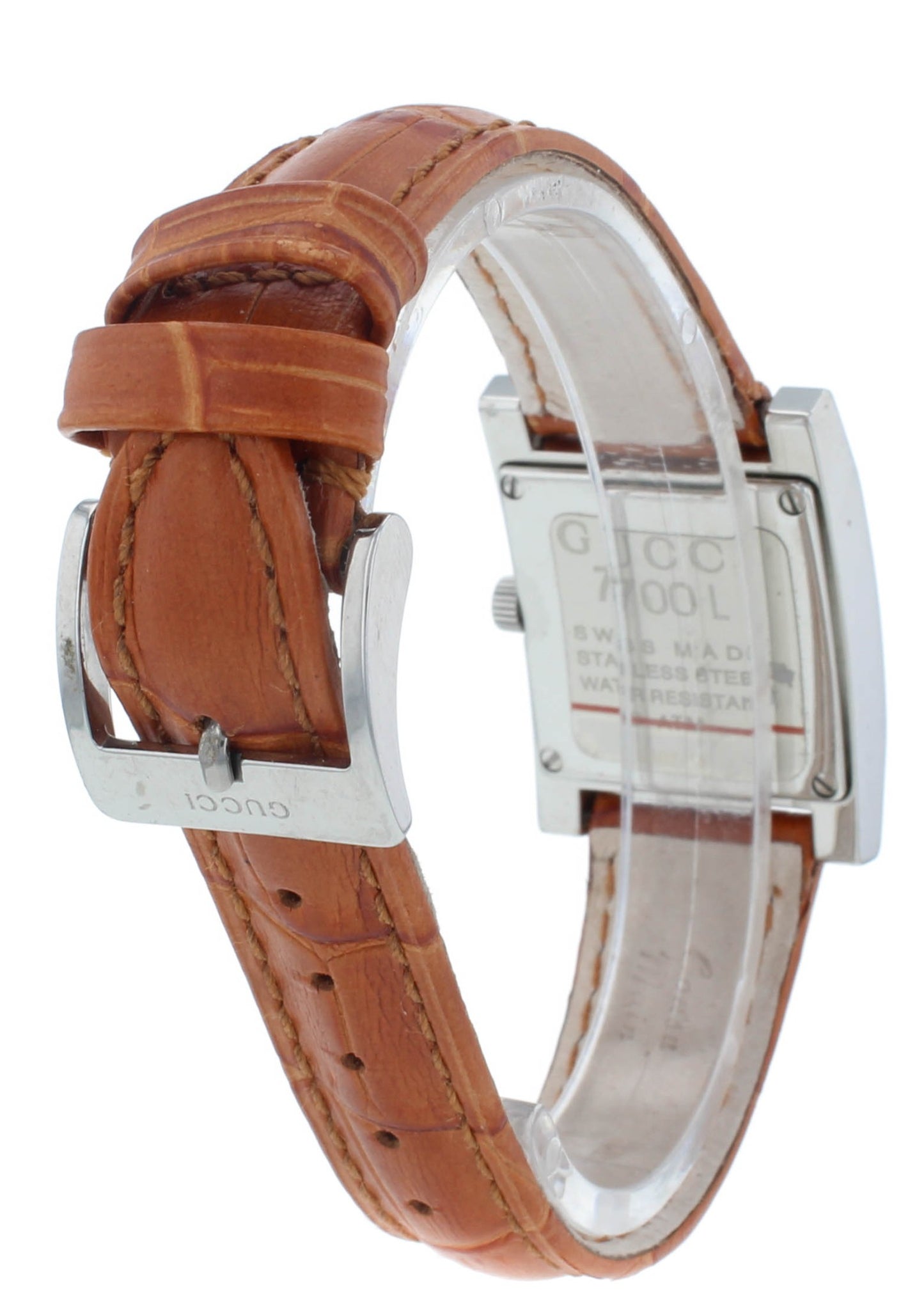 Pre-Owned Gucci 7700L 24mm Silver Dial Brown Leather Strap Quartz Ladies Watch