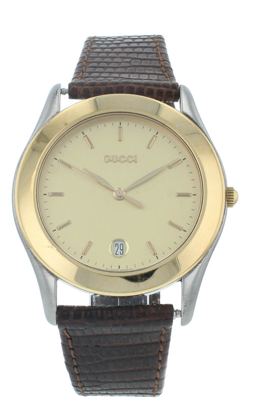 Pre-Owned Gucci 230M 36mm Quartz Gold Dial Brown Strap Men's Watch