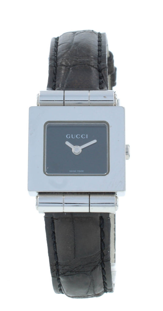 Gucci 600M Black Dial Leather Strap Quartz Stainless Steel 21mm Ladies Watch