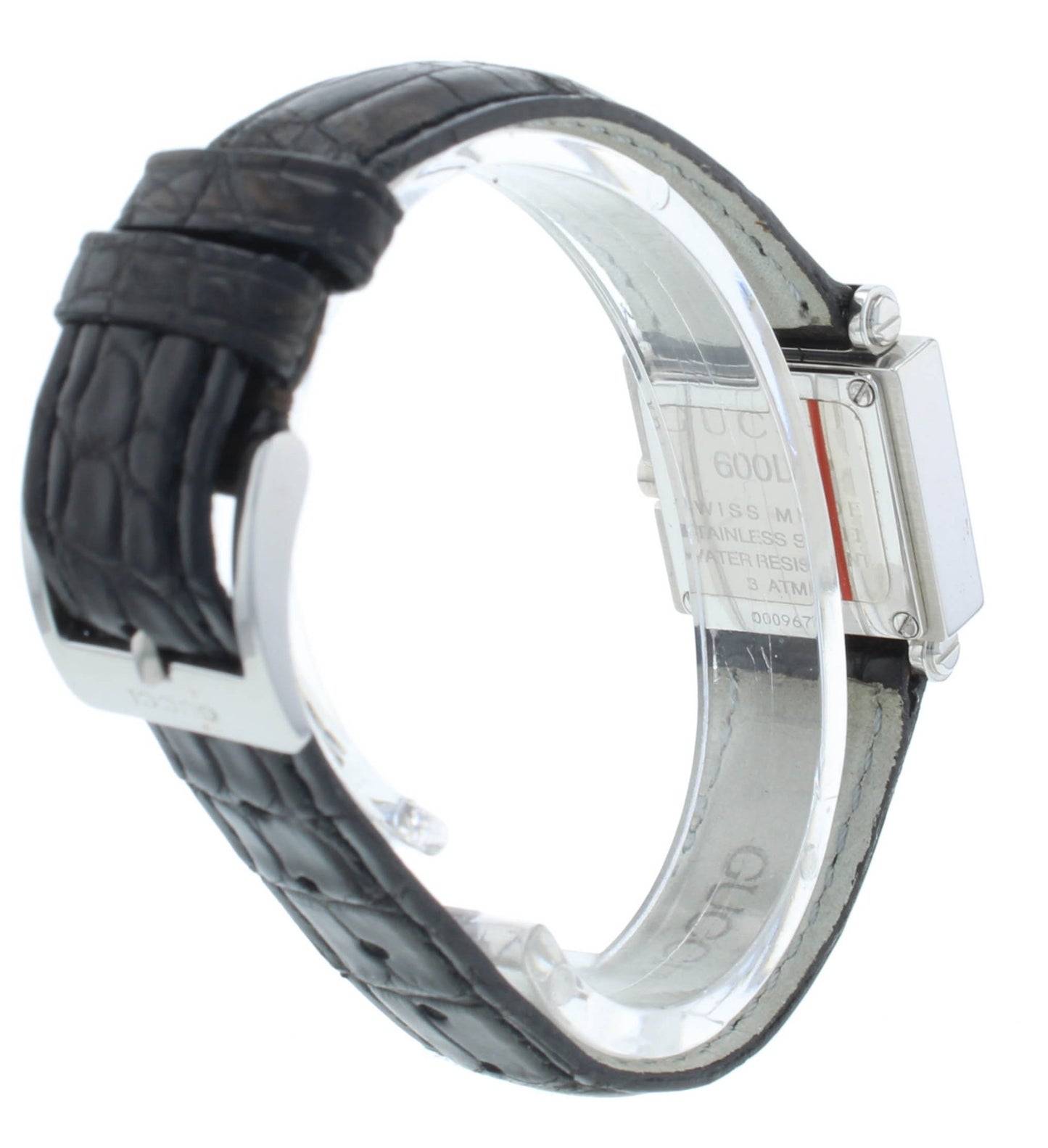 Gucci 600M Black Dial Leather Strap Quartz Stainless Steel 21mm Ladies Watch