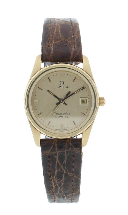 Omega SeaMaster Quartz 23mm Brown Strap Champagne Dial Ladies Watch 1380