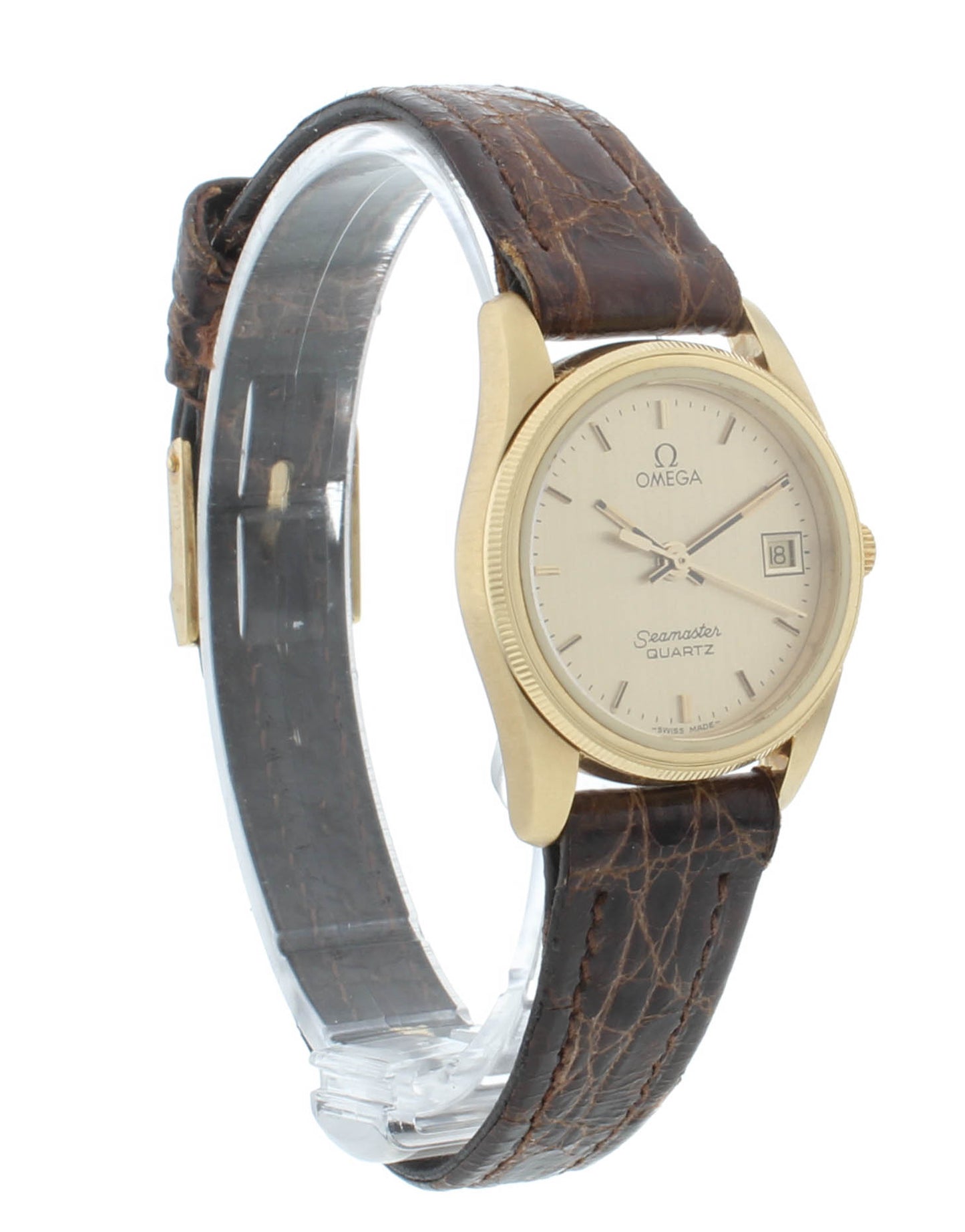 Omega SeaMaster Quartz 23mm Brown Strap Champagne Dial Ladies Watch 1380