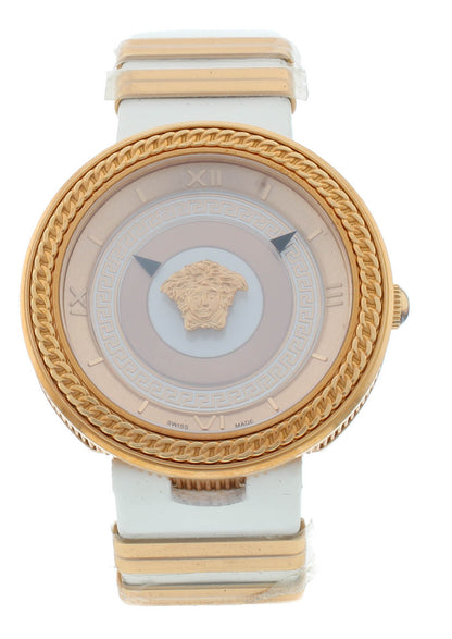 Versace V-Metal Icon Gold Dial Leather Strap 40mm Quartz Men's Watch VLC04 0014