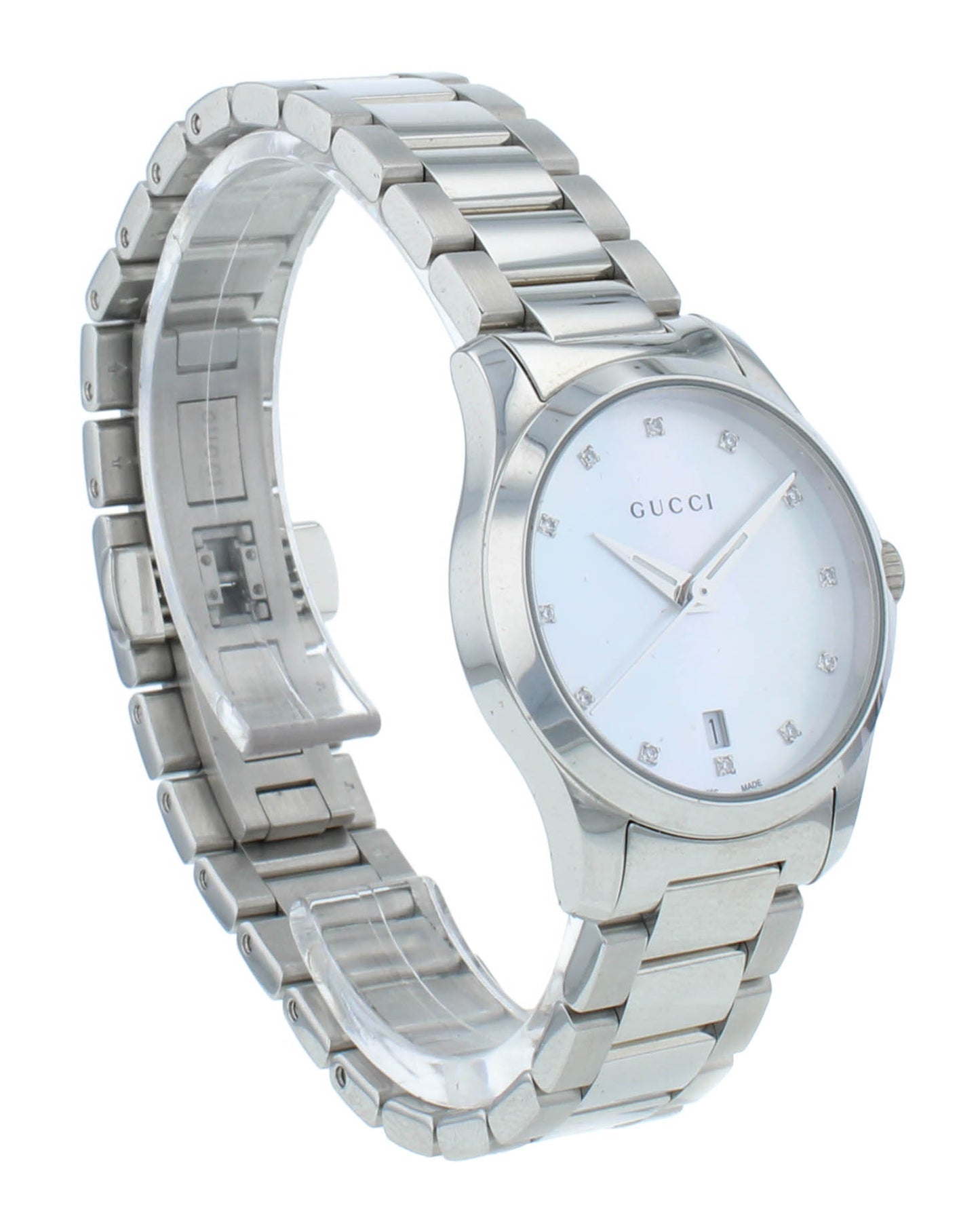 Gucci G-Timeless 27mm White MOP Diamond Dial Steel Quartz Ladies Watch YA126542