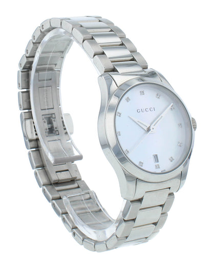 Gucci G-Timeless 27mm White MOP Diamond Dial Steel Quartz Ladies Watch YA126542