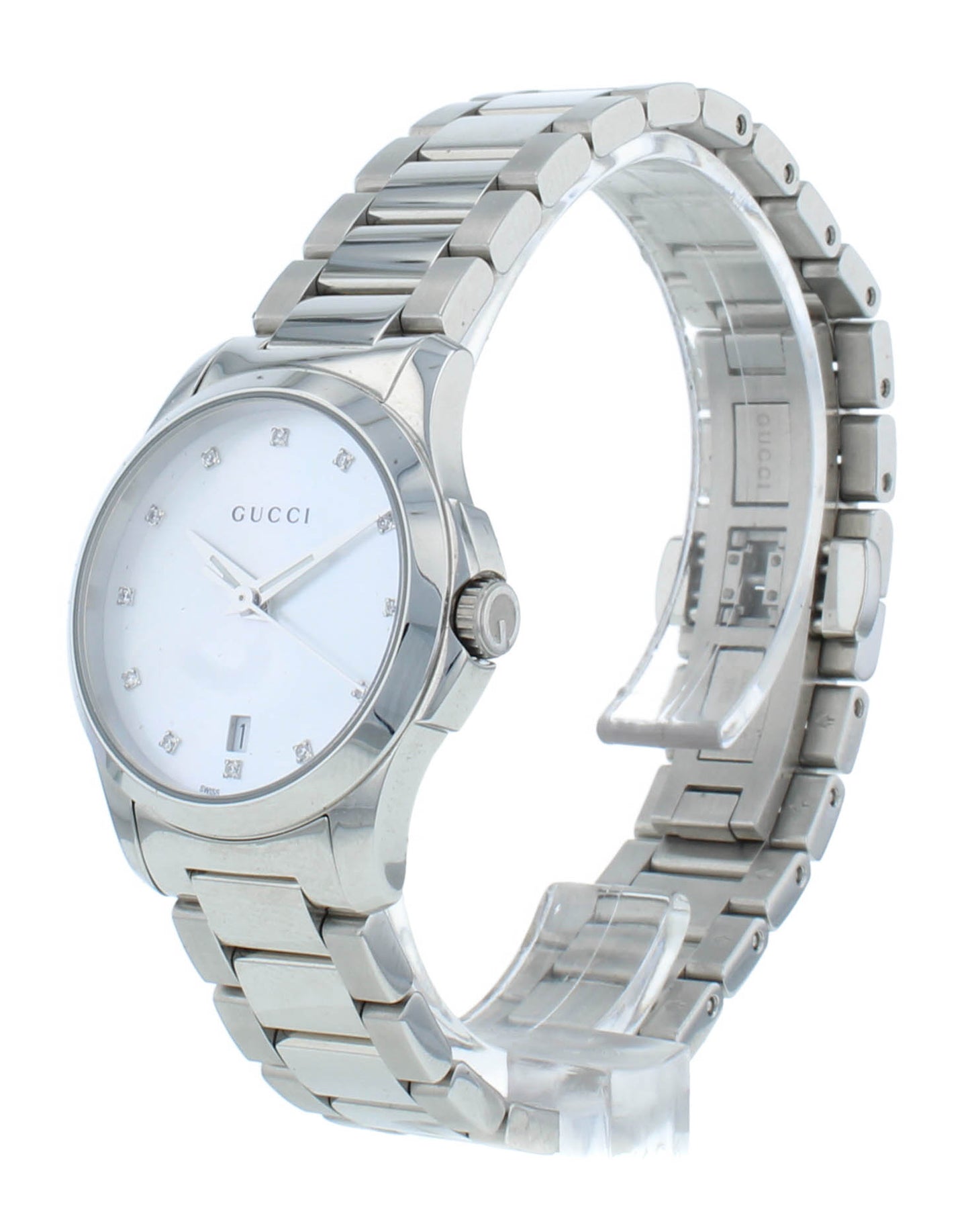 Gucci G-Timeless 27mm White MOP Diamond Dial Steel Quartz Ladies Watch YA126542