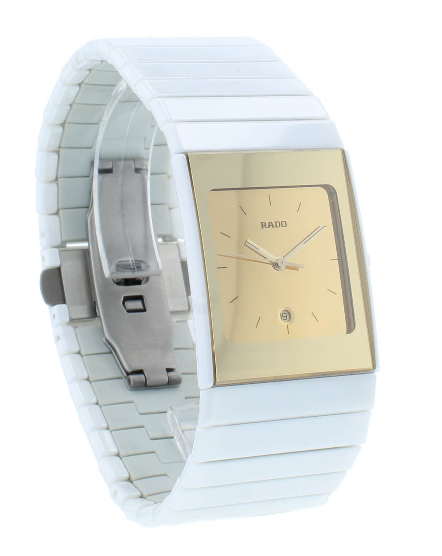 Rado Ceramica Quartz Gold Dial White Ceramic 27x42 mm Ladies Watch R21709252