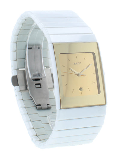 Rado Ceramica Quartz Gold Dial White Ceramic 27x42 mm Ladies Watch R21709252