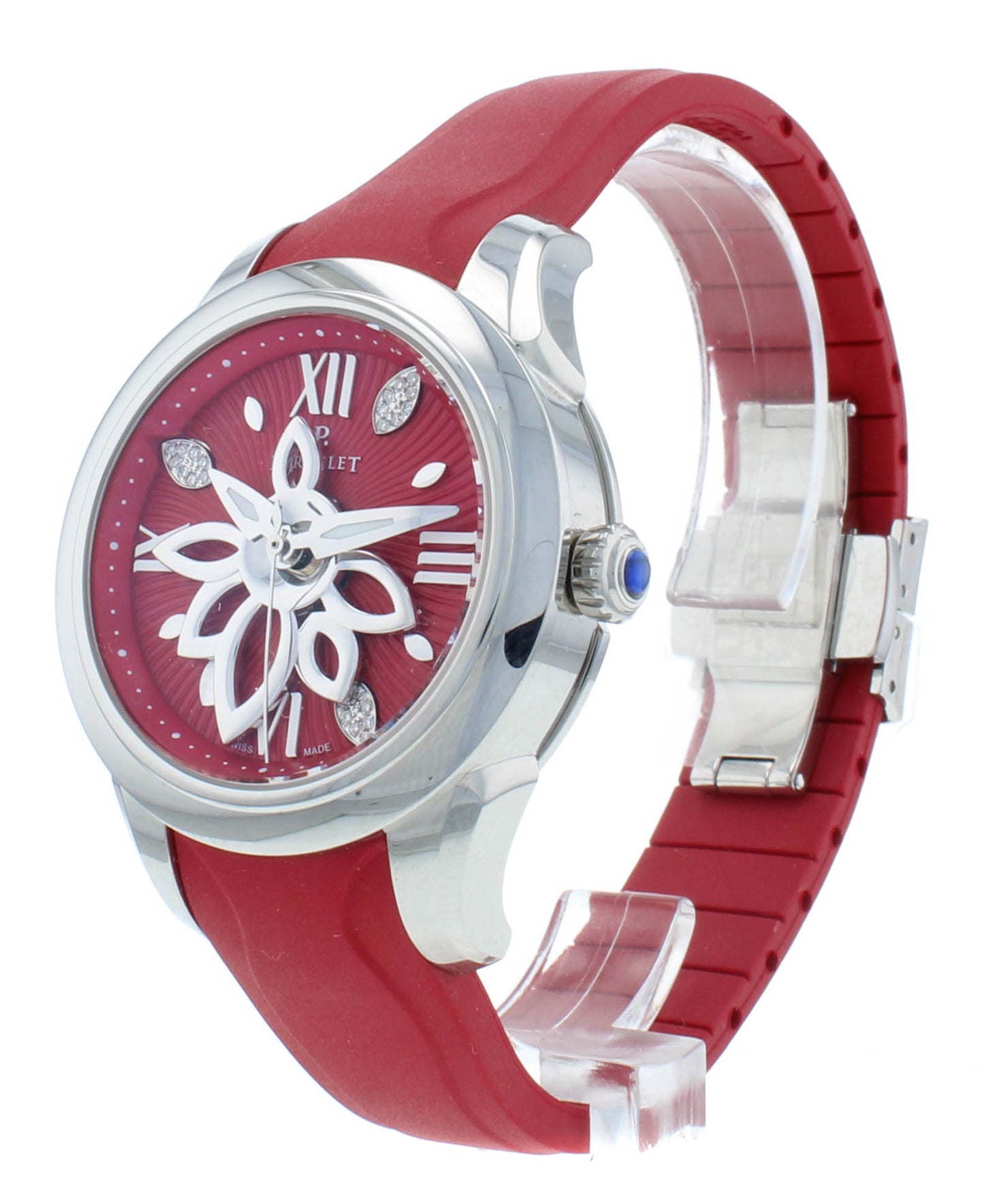 Perrelet Diamond Flower Red Dial & Rubber Strap Auto 36.5mm Ladies Watch A2066/3