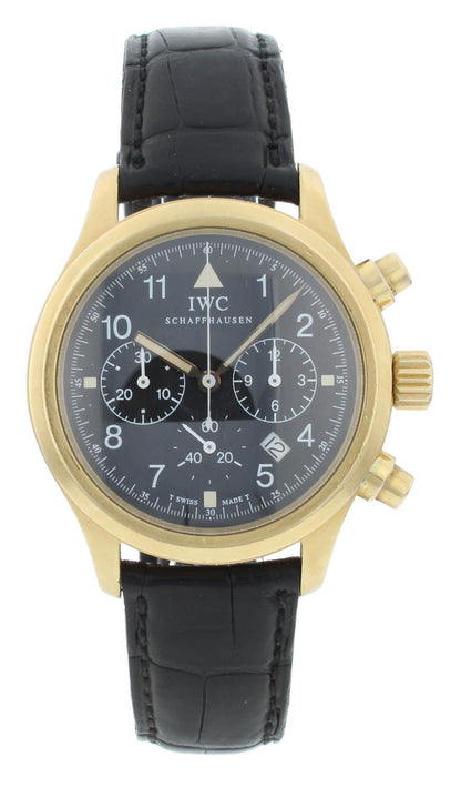 IWC Fliegeruhr 36mm Quartz 18k Yellow Gold Black Dial Chrono Men's Watch IW3740
