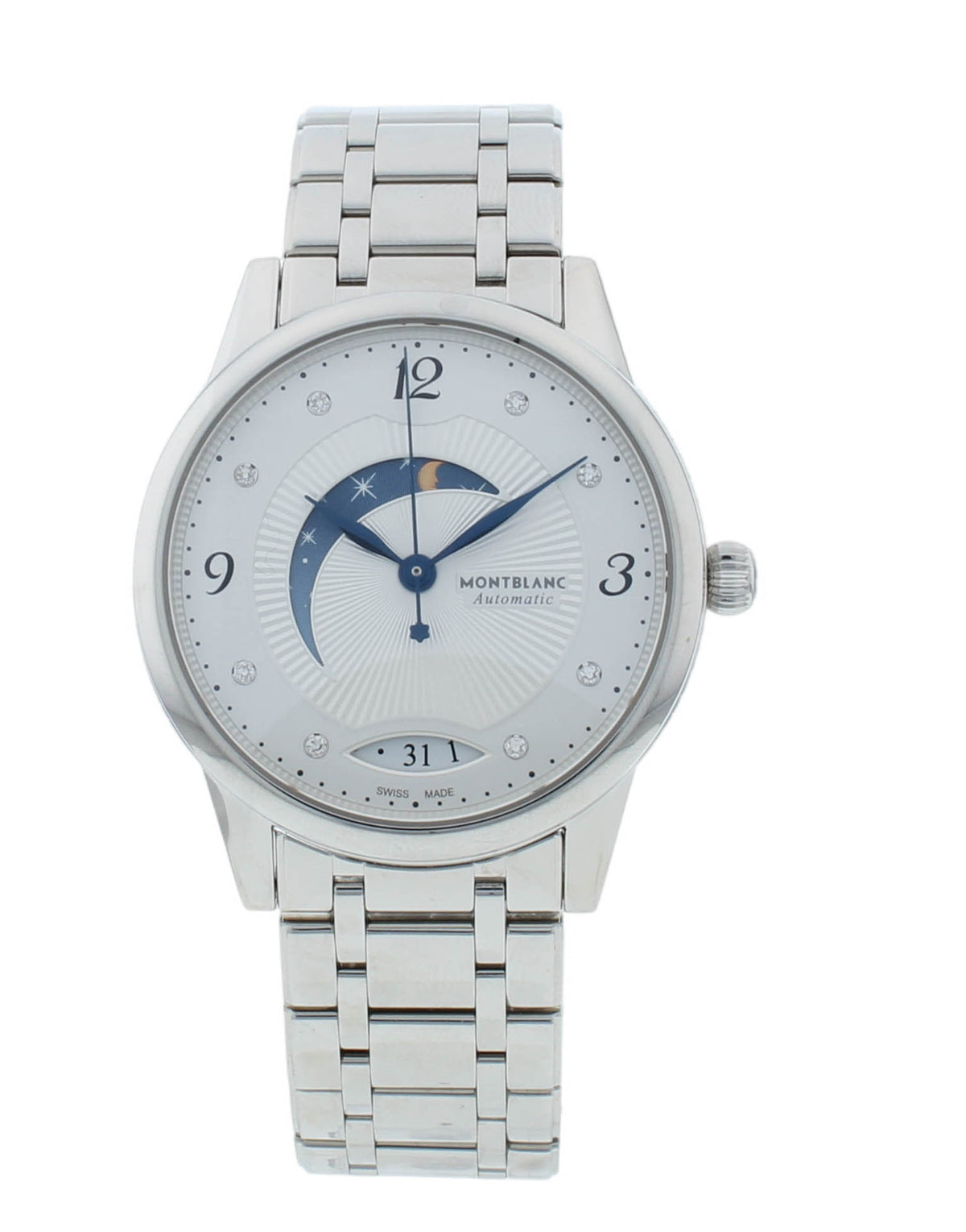 Montblanc Boheme 34mm Auto Silver Diamond Dial Moonphase Ladies Watch 114731