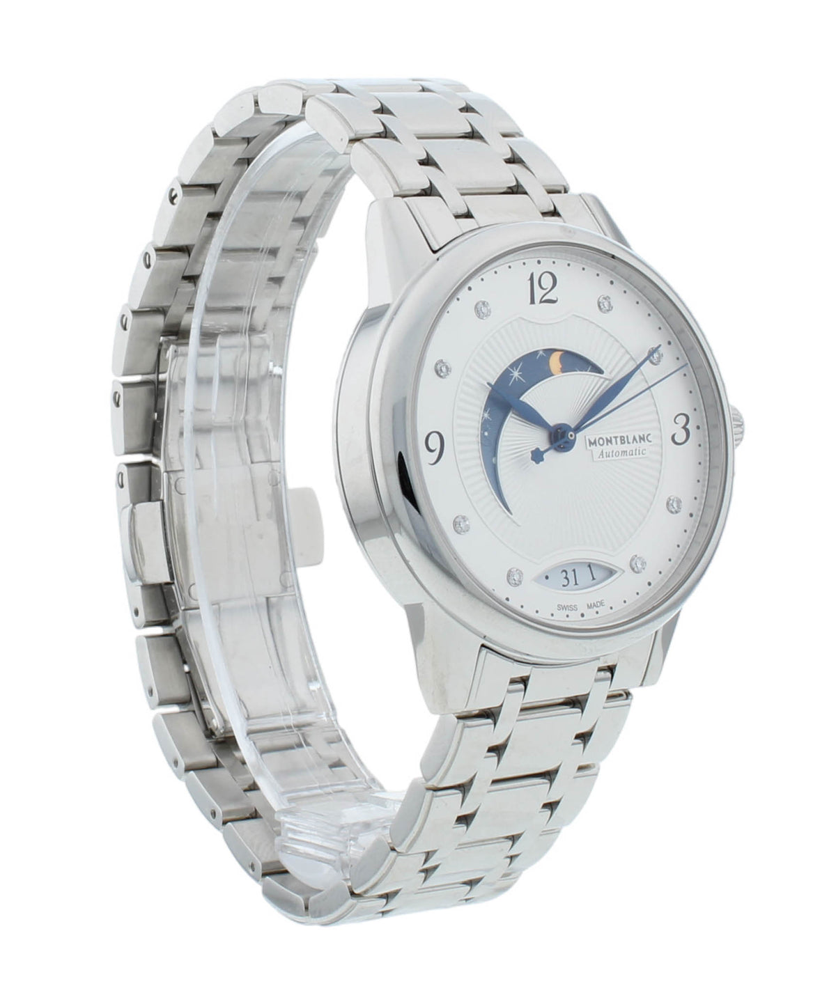 Montblanc Boheme 34mm Auto Silver Diamond Dial Moonphase Ladies Watch 114731