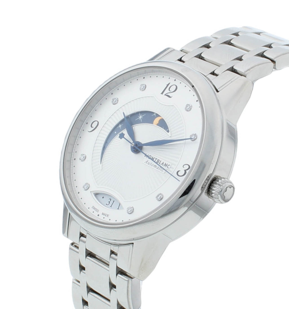Montblanc Boheme 34mm Auto Silver Diamond Dial Moonphase Ladies Watch 114731