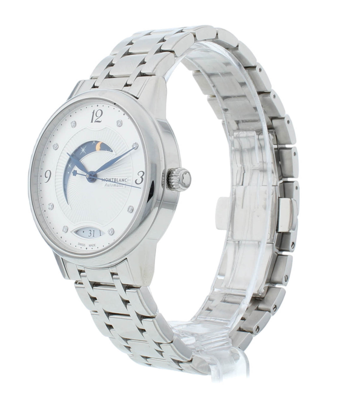 Montblanc Boheme 34mm Auto Silver Diamond Dial Moonphase Ladies Watch 114731