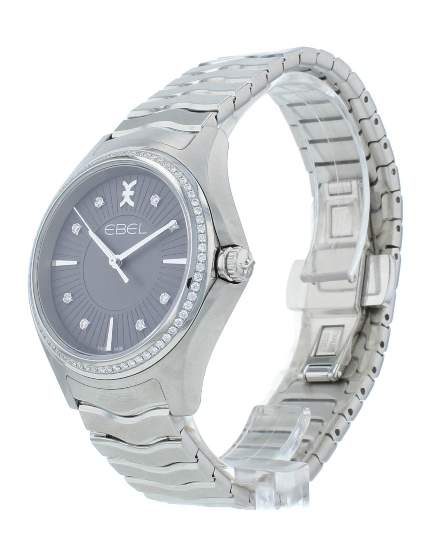 Ebel Wave 35mm Quartz Gray Dial Diamond Bezel Ladies Watch 1216304