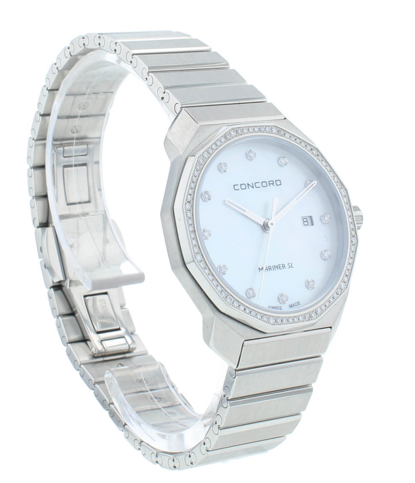 Concord Mariner SL 30mm Quartz White MOP Dial Diamond Bezel Ladies Watch 320469