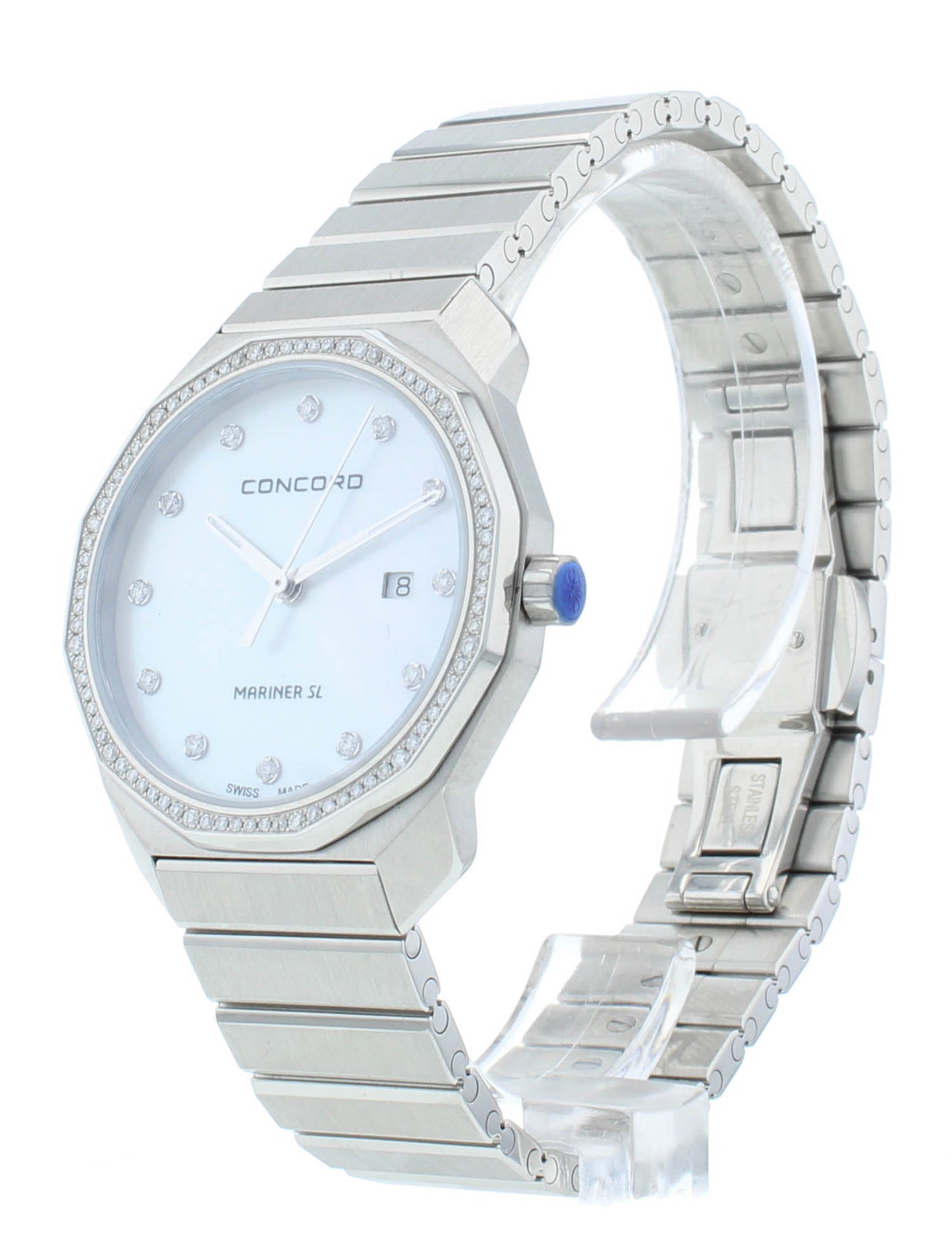 Concord Mariner SL 30mm Quartz White MOP Dial Diamond Bezel Ladies Watch 320469