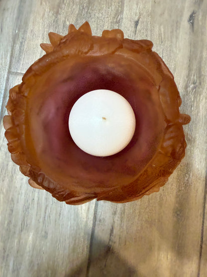 Daum France Crystal Bouquet Candle Holder Red Orange Pate de Verre 05377