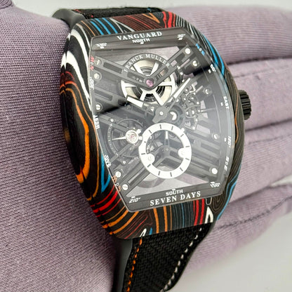 Fanck Muller Vanguard Damascus Carbon Skeleton Watch V43 S6 SQT CRADAM COL DRM