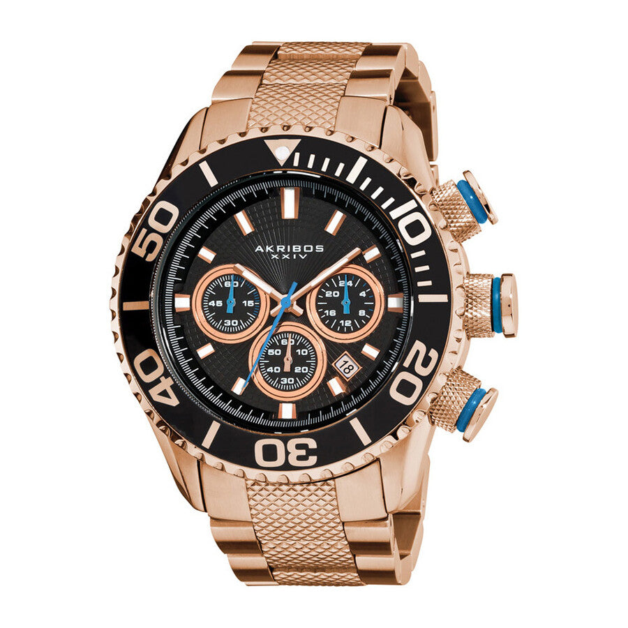 Akribos XXIV Conqueror 47mm Rose Gold Tone Black Etched Dial Men's Watch AK512RG
