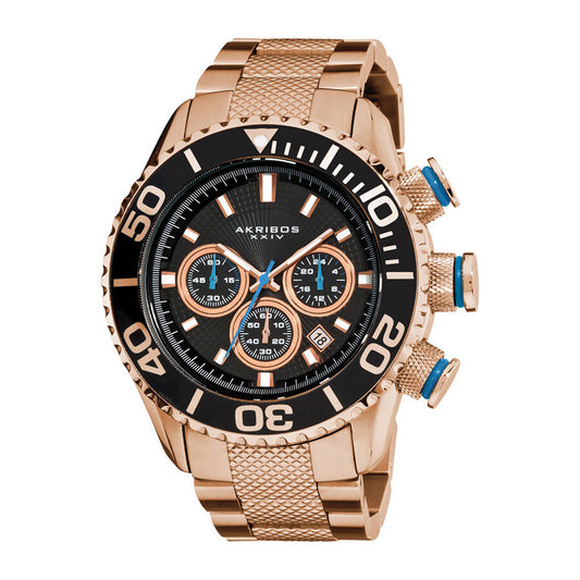 Akribos XXIV Conqueror 47mm Rose Gold Tone Black Etched Dial Men's Watch AK512RG