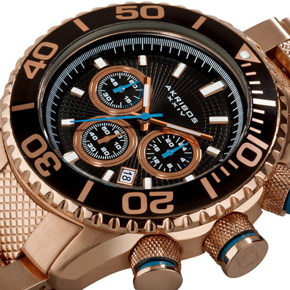Akribos XXIV Conqueror 47mm Rose Gold Tone Black Etched Dial Men's Watch AK512RG