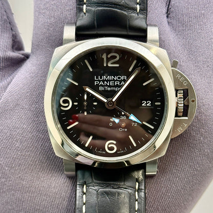Panerai Bi Tempo Power Reserve 44mm Black Dial GMT Men's Watch PAM01360