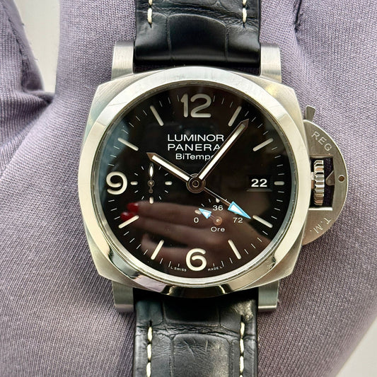 Panerai Bi Tempo Power Reserve 44mm Black Dial GMT Men's Watch PAM01360