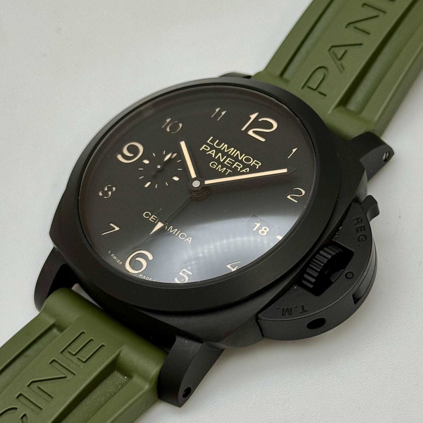 Panerai Luminor GMT 44mm Green Strap Ceramic Black Dial Men's Watch PAM00441