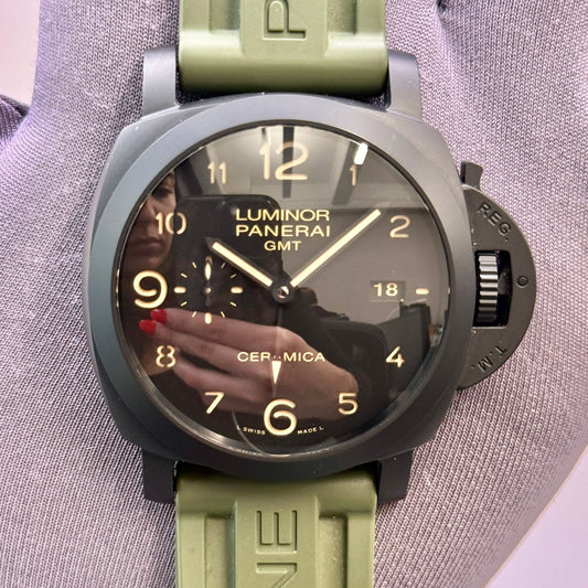 Panerai Luminor GMT 44mm Green Strap Ceramic Black Dial Men's Watch PAM00441