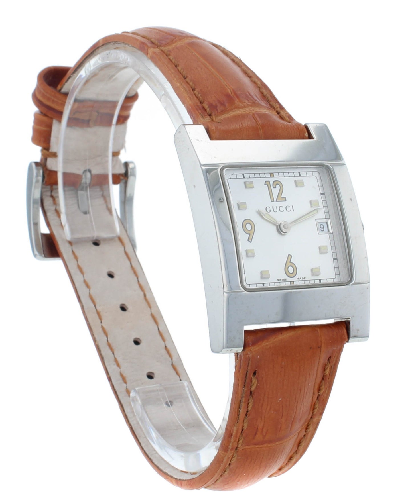 Pre-Owned Gucci 7700L 24mm Silver Dial Brown Leather Strap Quartz Ladies Watch