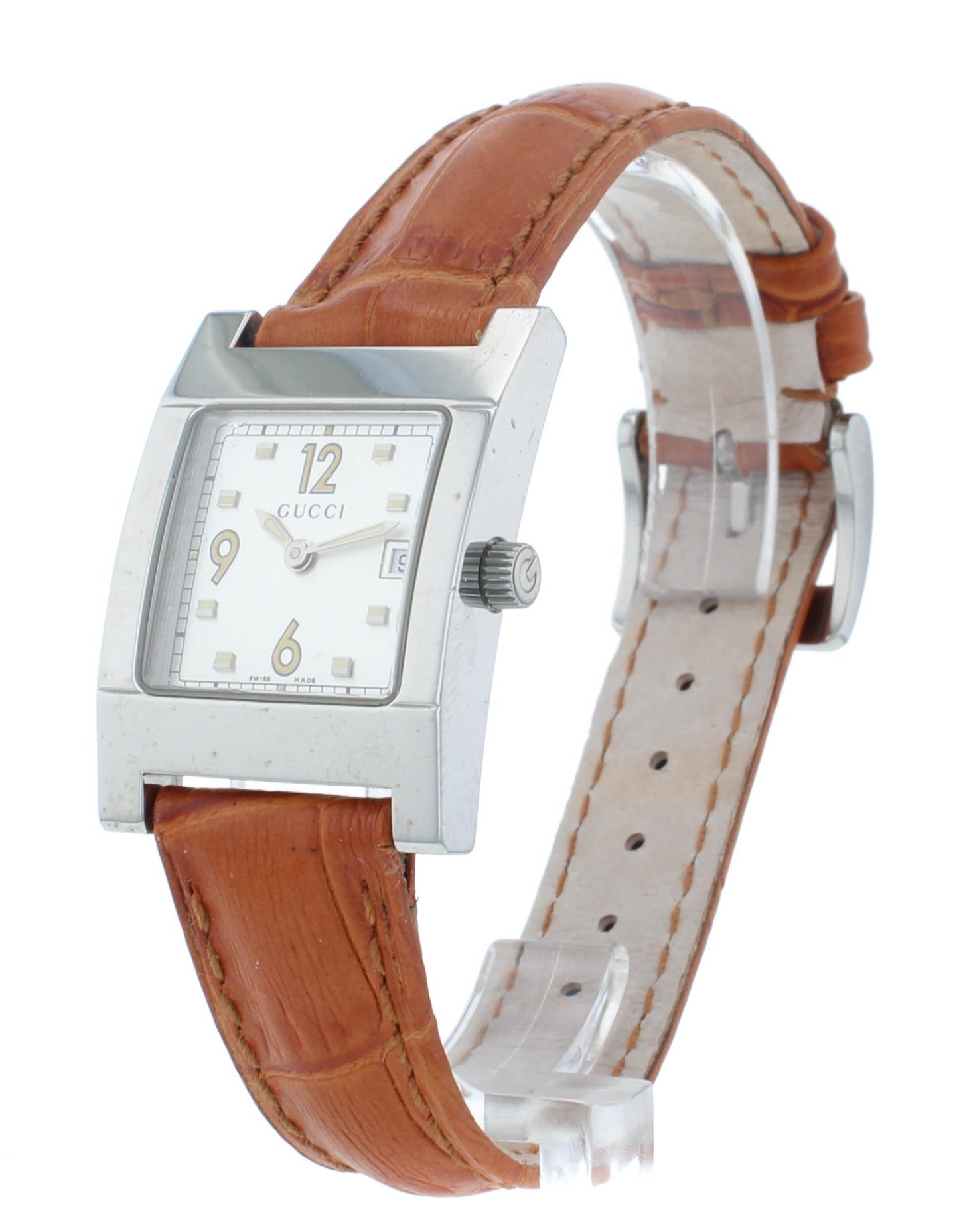 Pre-Owned Gucci 7700L 24mm Silver Dial Brown Leather Strap Quartz Ladies Watch