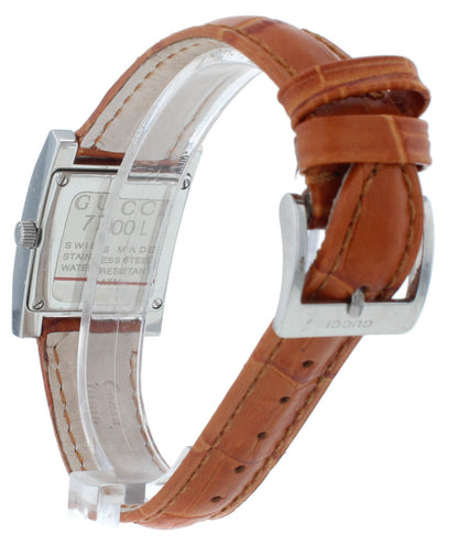 Pre-Owned Gucci 7700L 24mm Silver Dial Brown Leather Strap Quartz Ladies Watch