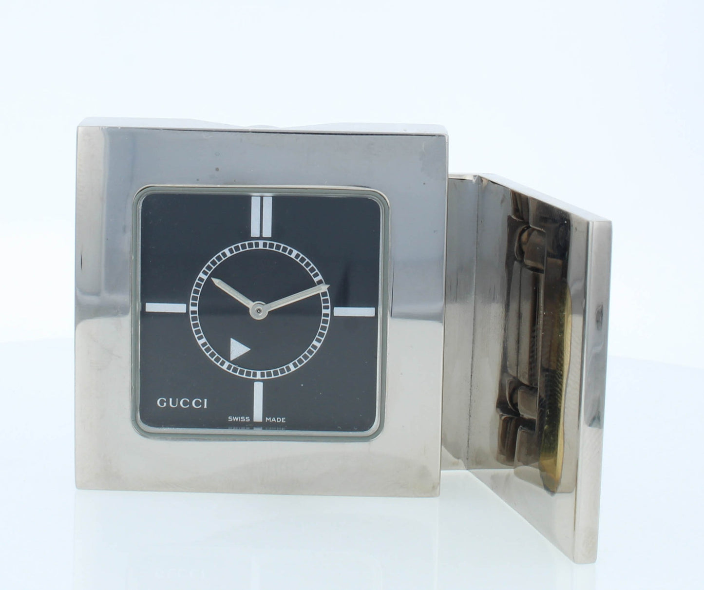 Pre-Owned Gucci Travel Clock Quartz Stainless Steel Black Dial Foldable Clock