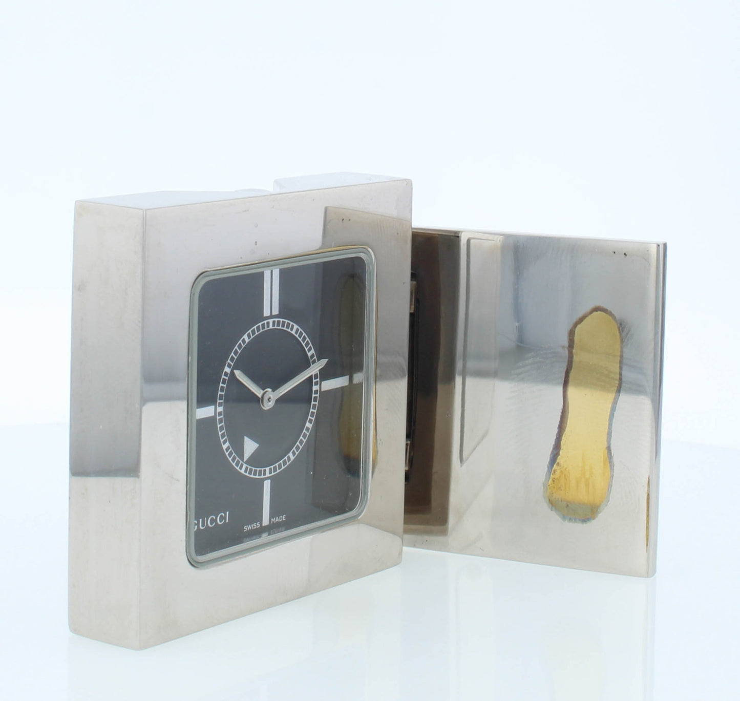 Pre-Owned Gucci Travel Clock Quartz Stainless Steel Black Dial Foldable Clock