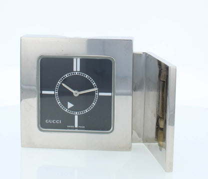 Pre-Owned Gucci Travel Clock Quartz Stainless Steel Black Dial Foldable Clock