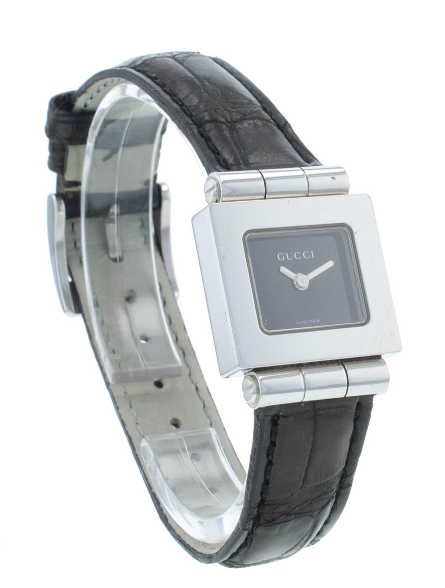 Gucci 600M Black Dial Leather Strap Quartz Stainless Steel 21mm Ladies Watch