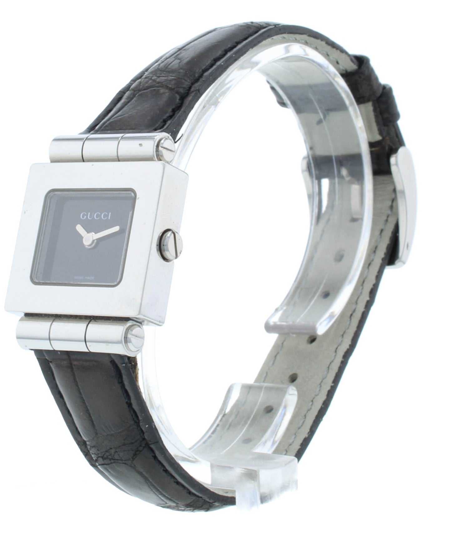 Gucci 600M Black Dial Leather Strap Quartz Stainless Steel 21mm Ladies Watch