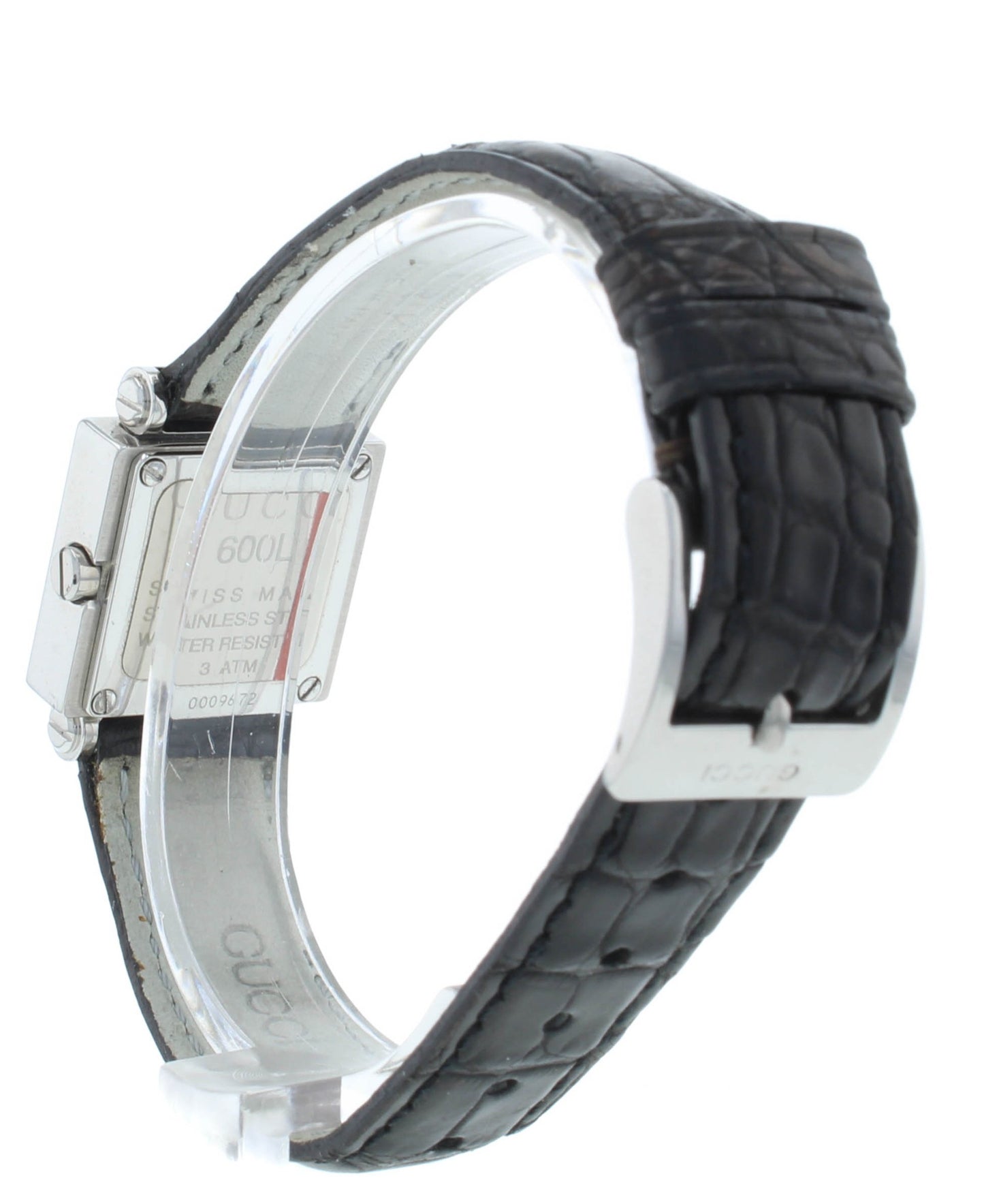 Gucci 600M Black Dial Leather Strap Quartz Stainless Steel 21mm Ladies Watch